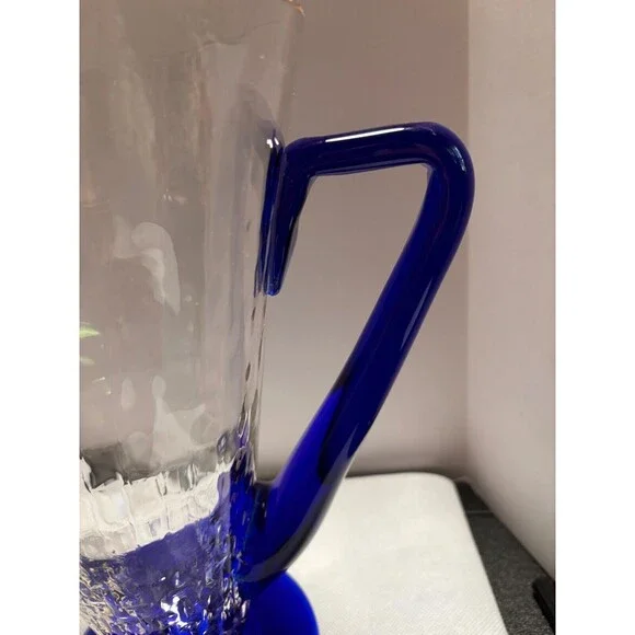 Vintage MCM Clear Glass Pitcher with Cobalt Blue Handle - Picture 3 of 11